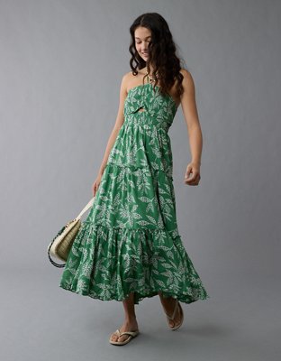 AE Halter Cut-Out Smocked Midi Dress