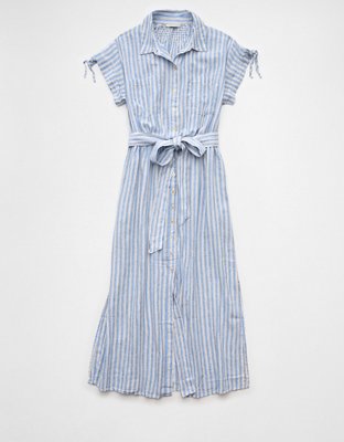 AE Linen-Blend Button-Up Midi Shirt Dress