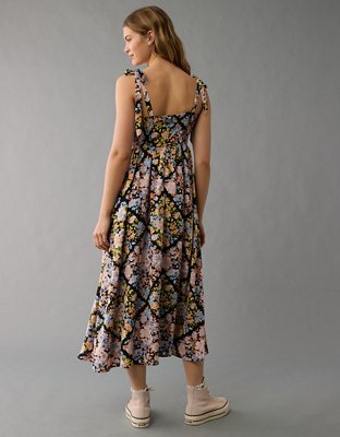 Robe mi-longue à fleurs de style corset avec bretelles nouées AE