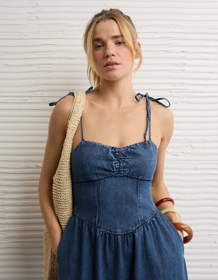 white christmas dresses Indigo Puff Sleeve Denim Midi Dress – Mint Velvet main image 0