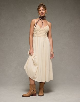 AE V-Neck Crochet Midi Dress | AE