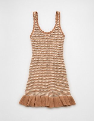 AE Ruffle Hem Striped Mini Sweater Dress Womens Cream S 22$