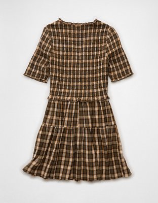 AE Puff Sleeve Tie Front Plaid Mini Dress