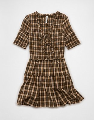 AE Puff Sleeve Tie Front Plaid Mini Dress