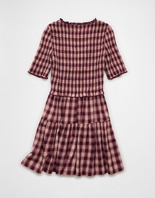AE Puff Sleeve Tie Front Plaid Mini Dress