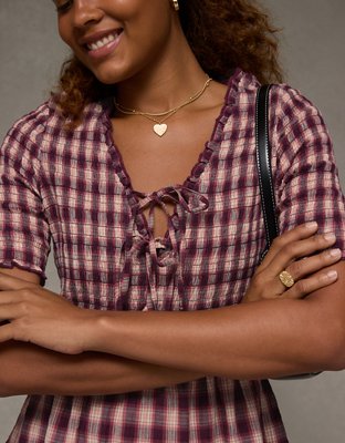 AE Puff Sleeve Tie Front Plaid Mini Dress