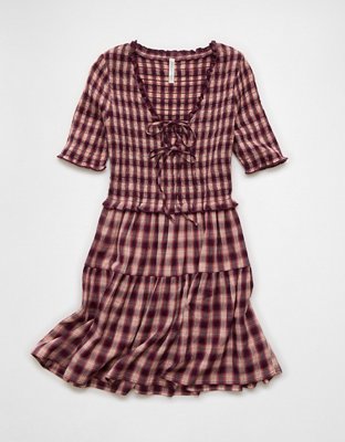 AE Puff Sleeve Tie Front Plaid Mini Dress