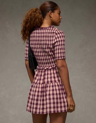 AE Puff Sleeve Tie Front Plaid Mini Dress