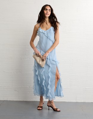 AE Asymmetrical Ruffle Maxi Slip Dress