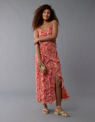 AE Asymmetrical Ruffle Maxi Slip Dress