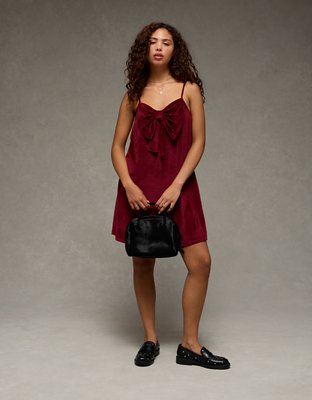 AE Strapless Velvet Knit Bow-Front Mini Dress