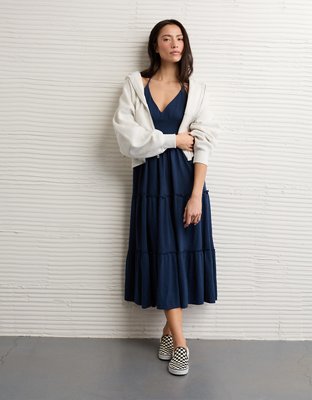 knee length dresses for ladies Angelina Scuba Halter Midi Dress / Pale Blue | Meshki main image 1