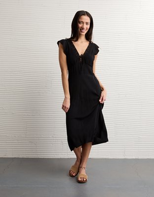 agnona black v-neck short sleeve midi dress AE Short Sleeve V-Neck Midi Dress
