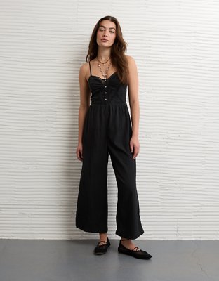 AE Button-Up Lace Trim Jumpsuit