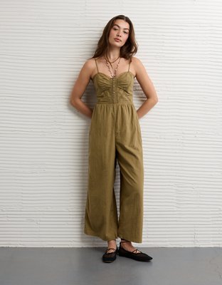 AE Button-Up Lace Trim Jumpsuit