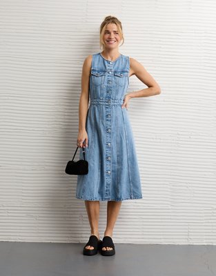 AE Button-Up Denim Midi Dress