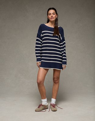 blue and white striped sweater dress Navy & White Stripe Sweater Mini Dress - All Dresses