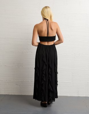 AE Ruched & Ruffled Halter Maxi Dress