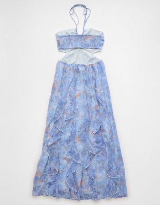AE Ruched and Ruffled Halter Maxi Dress in Light Blue  V-Neck Sleeveless Cutout Dress, Womens XXS
