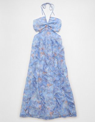 AE Ruched and Ruffled Halter Maxi Dress in Light Blue  V-Neck Sleeveless Cutout Dress, Womens XXS
