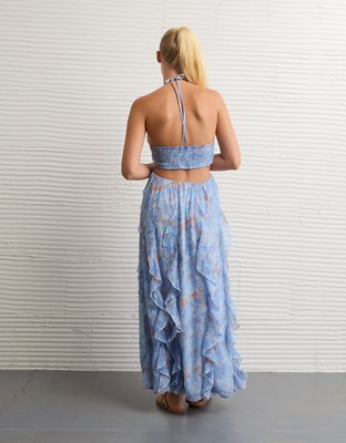 AE Ruched & Ruffled Halter Maxi Dress