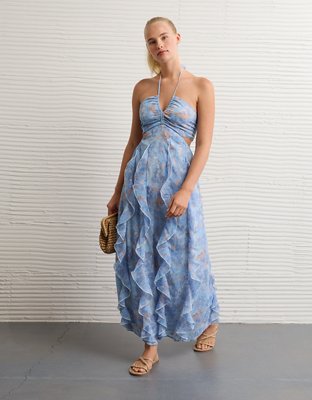 AE Ruched & Ruffled Halter Maxi Dress