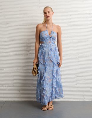 AE Ruched & Ruffled Halter Maxi Dress