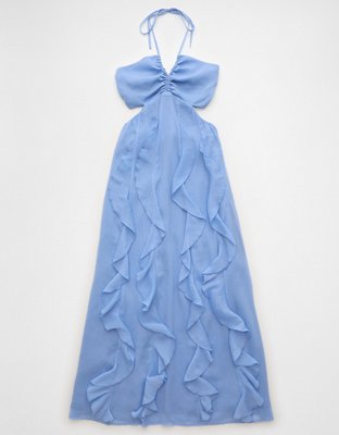 AE Ruched & Ruffled Halter Maxi Dress