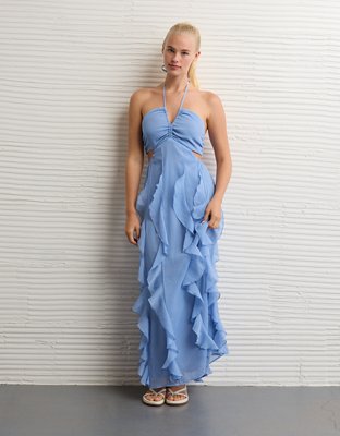 AE Ruched & Ruffled Halter Maxi Dress