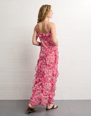 AE Asymmetrical Ruffle Maxi Dress Women's Pink XXL