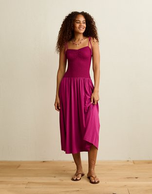 American Eagle AE Sweetheart-Neck Tie-Strap Midi Dress