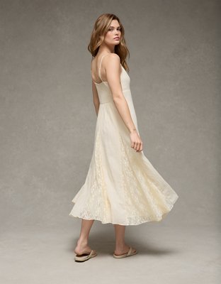 AE V-Neck Pleated Lace Midi Dress