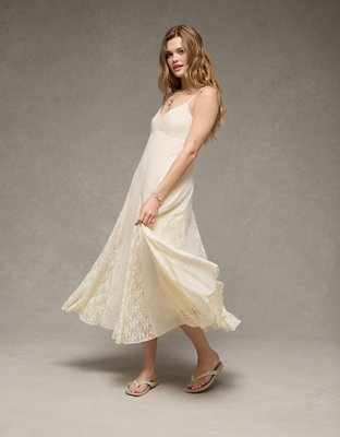 AE V-Neck Pleated Lace Midi Dress