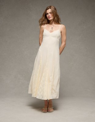 AE V-Neck Pleated Lace Midi Dress