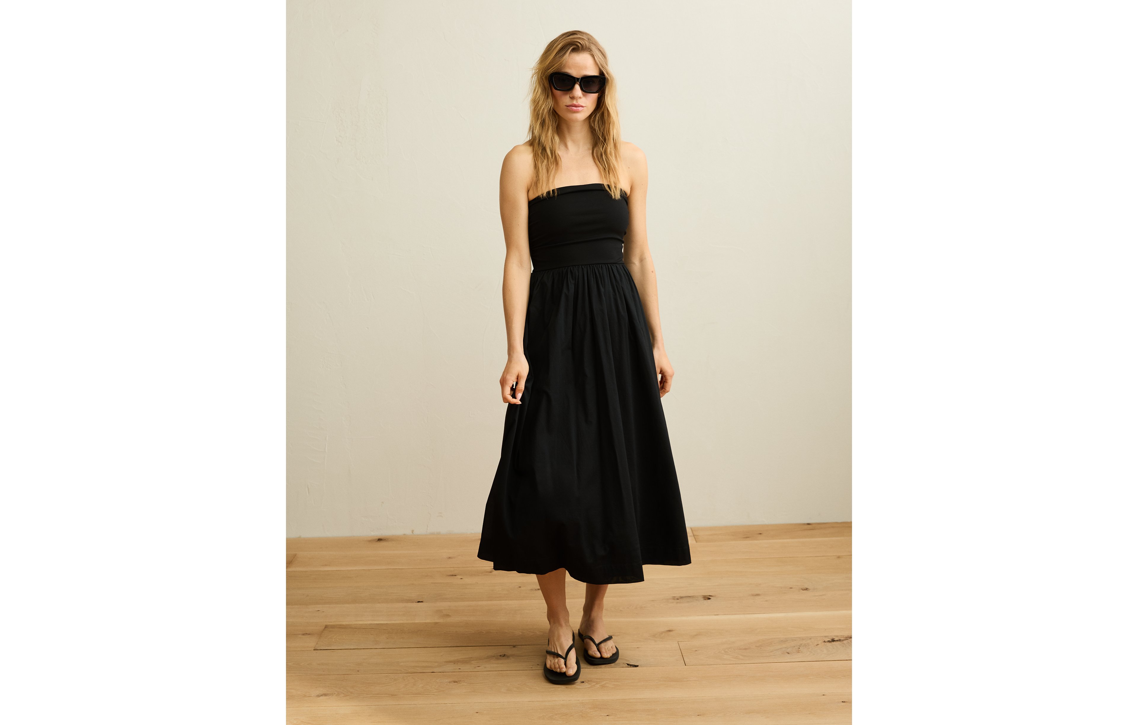 AE Strapless Mixed Fabric Midi Dress