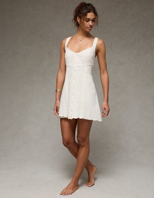 AE Catie Corset Mini Dress in White  Womens Lightweight Cotton Sweetheart Tiered Skater Dress, Size L