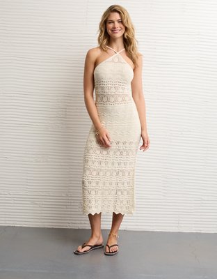 AE V-Neck Pleated Lace Midi Dress | American Eagle