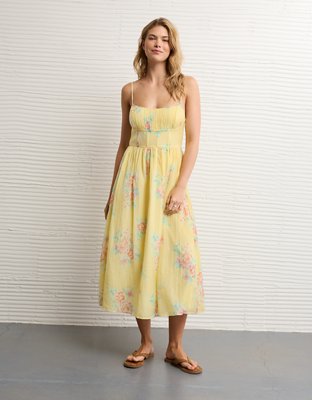 AE Ruched Bust Corset Midi Dress Women's Yellow M