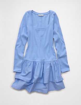 AE Scoop Neck Knit Ruffle Mini Dress Women's Blue Daylight M