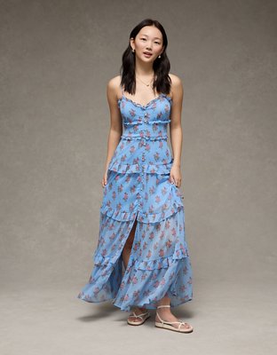 AE Button-Up Ruffle Midi Dress