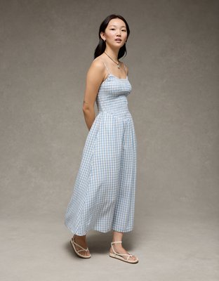 light blue cocktail dress Beige Gingham Cotton Everyday Midi Dress main image 0