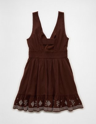 AE Babydoll V-Neck Embroidered Mini Dress | American Eagle