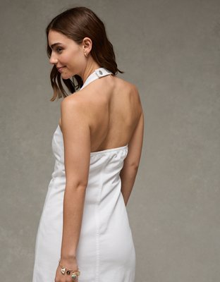 slim fit dress slacks White Denim Halter Neck Sleeveless Front Zip Dress – SSYS main image 1