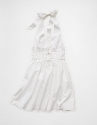 halter bow front a line mini dress Dreamer | White Lace Halter-Neck Mini Dress With Oversized Bow Detail main image 1