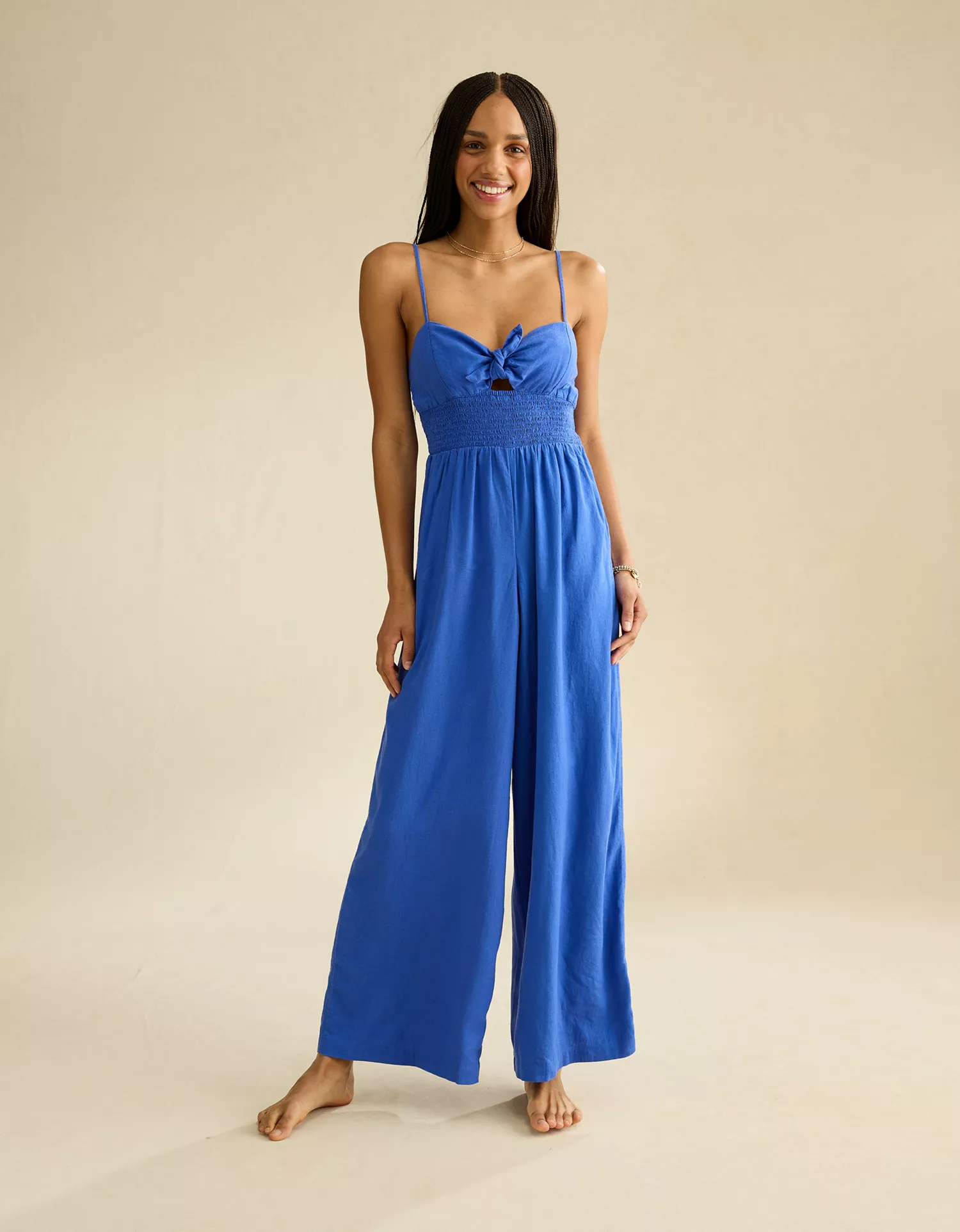 AE Tie-Front Smocked Jumpsuit