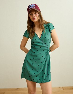 AE V-Neck Lace Trim Wrap Mini Dress
