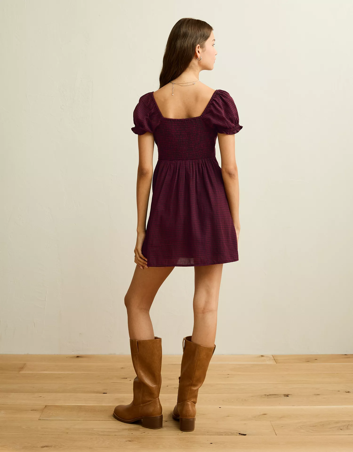 AE Short-Sleeve Plaid Mini Dress - thumbnail 2