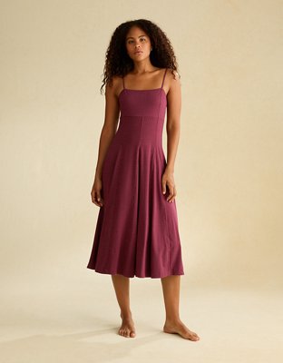ae woven knit midi dress AE Knit Tie-Back Godet Midi Dress Women's Burgundy XS