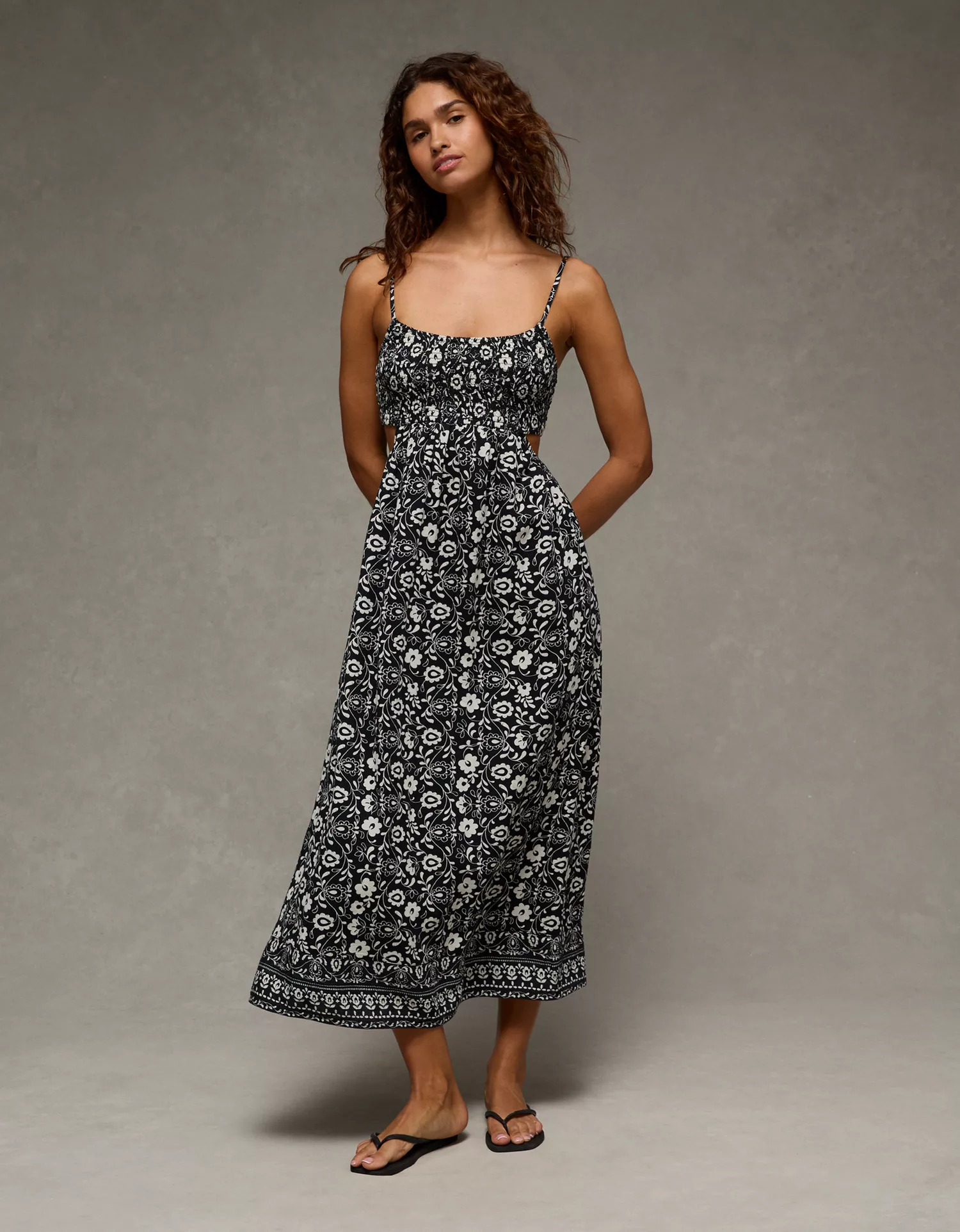 AE Smocked Cutout Babydoll Midi Dress
