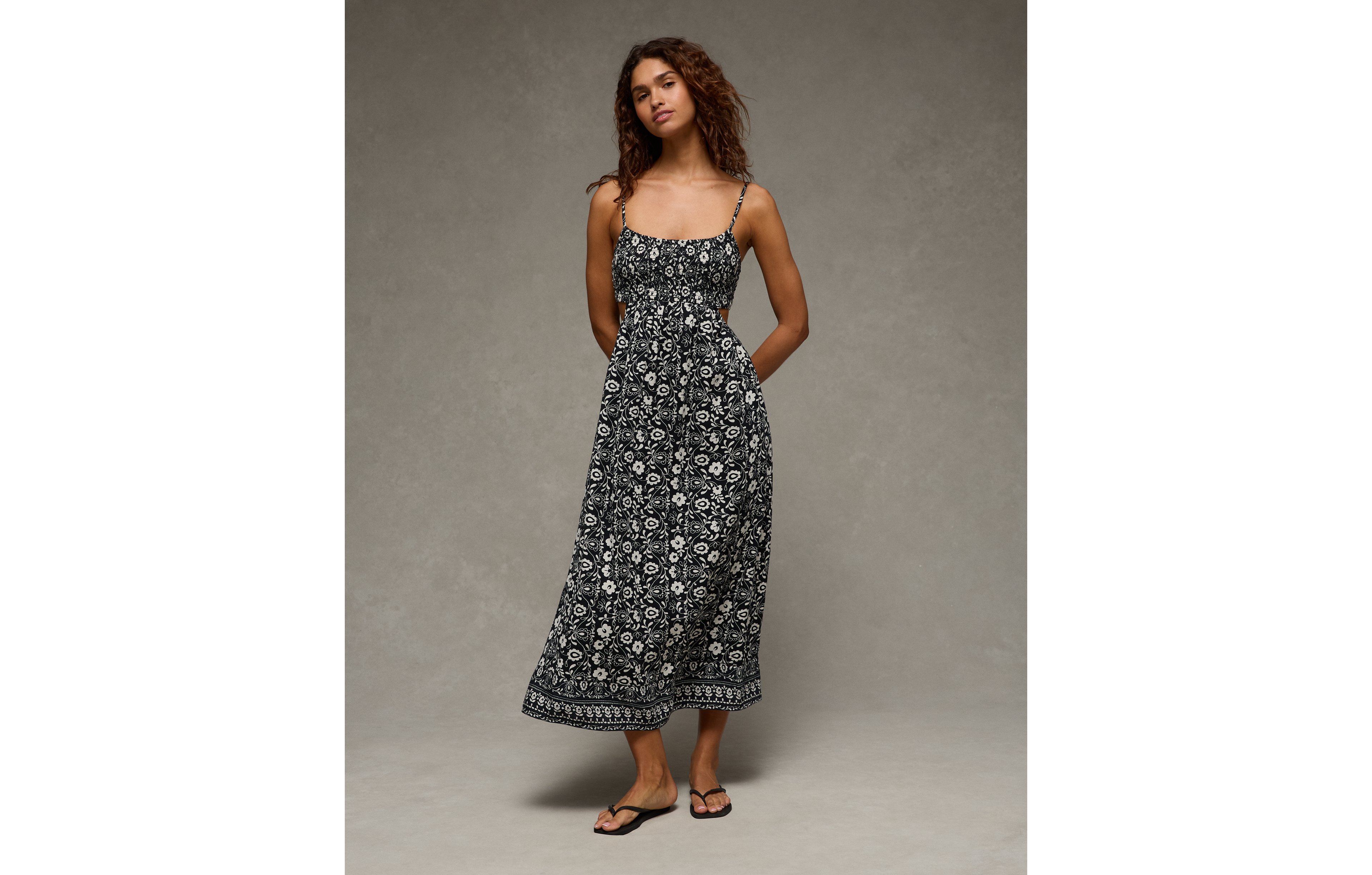 AE Smocked Cutout Babydoll Midi Dress